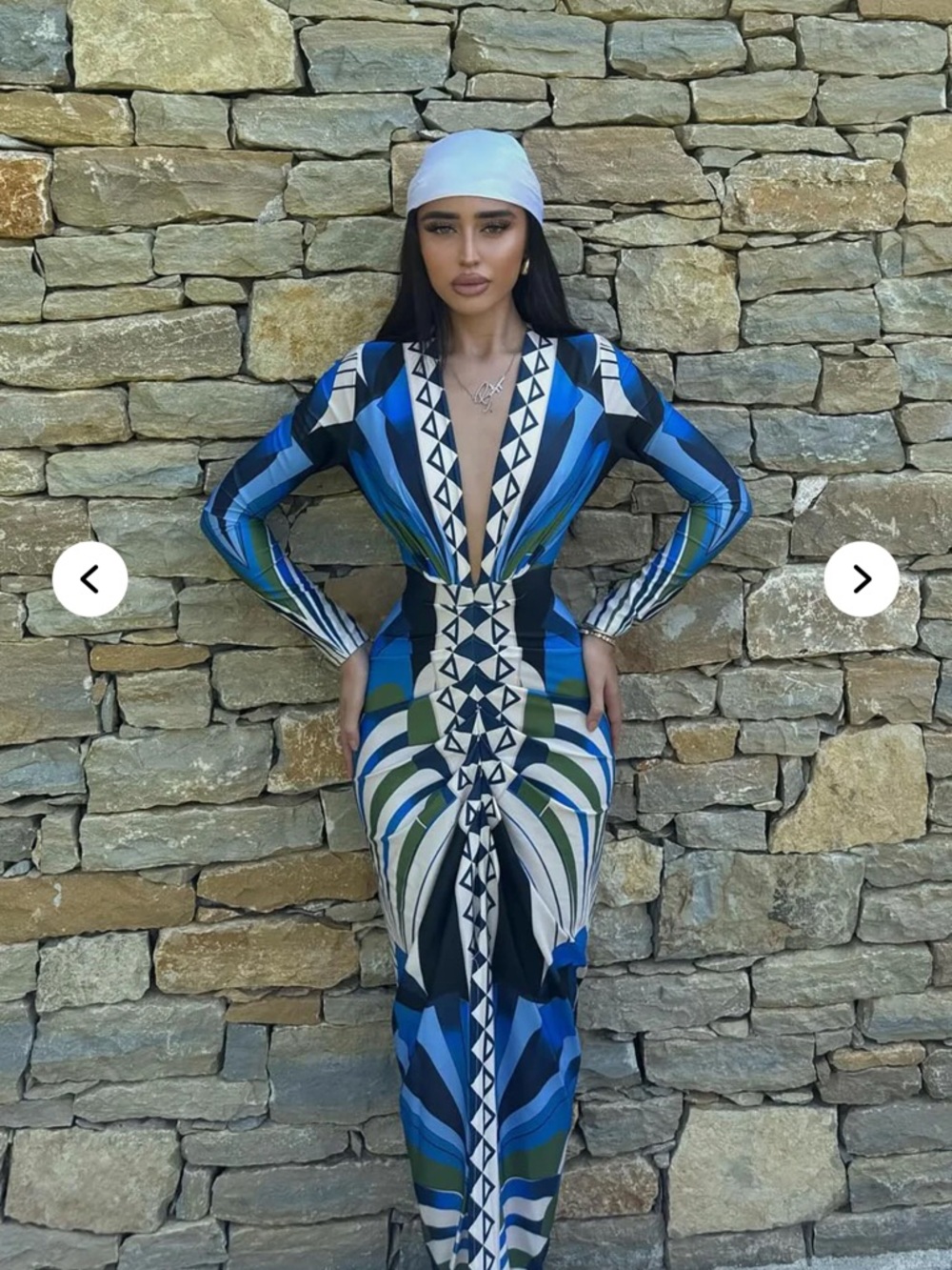 Fashion Nova Plunge Geometric Maxi Dress in Blue, Green, Black and White